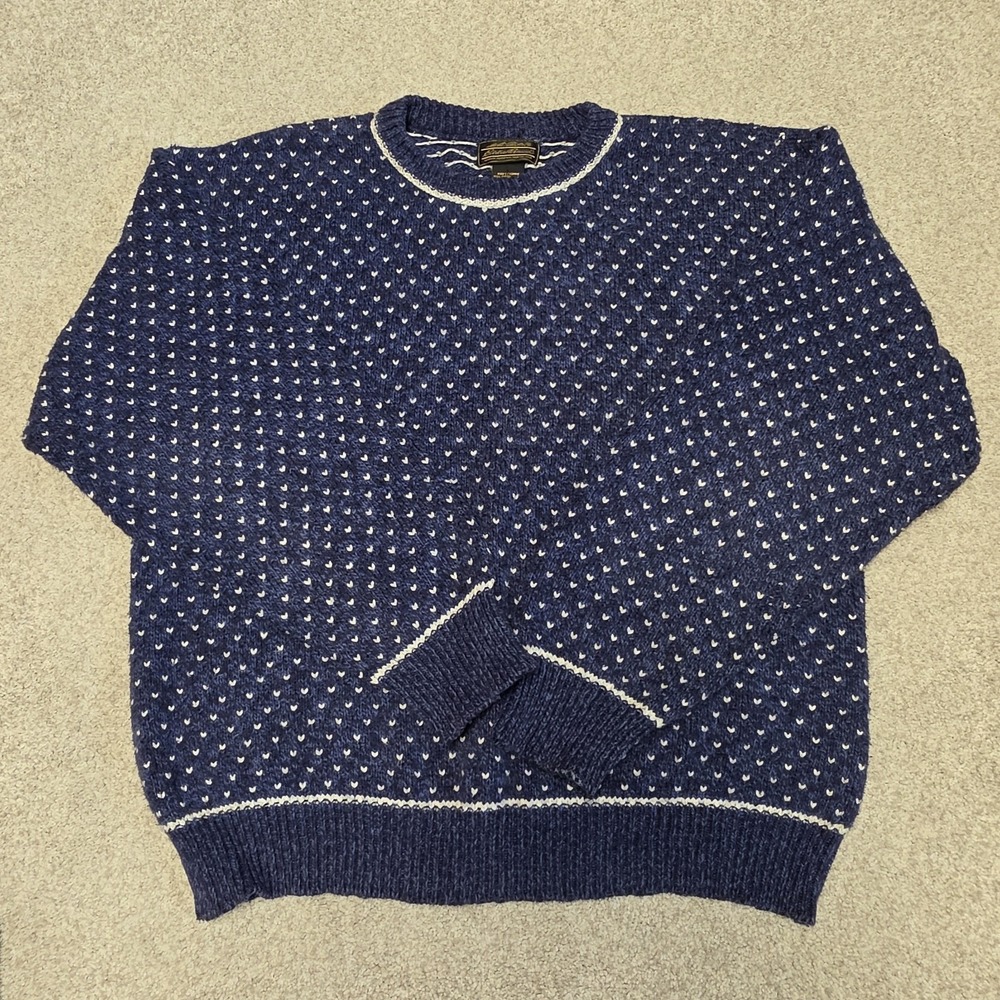 Vintage 80s Eddie Bauer Birdseye Sweater Mens L Navy Cotton USA Made Preppy